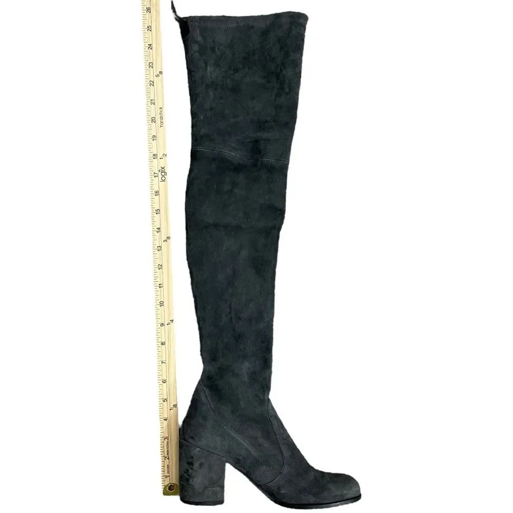 Stuart Weitzman Gray Suede Over-the-Knee Boots Sz‎ 7 Almond Toe Block Heel Shoes